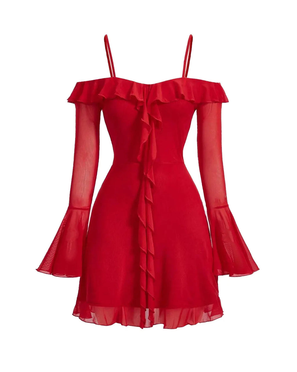 Cold Shoulder Ruffle Trim Flounce Sleeve Dress in Red