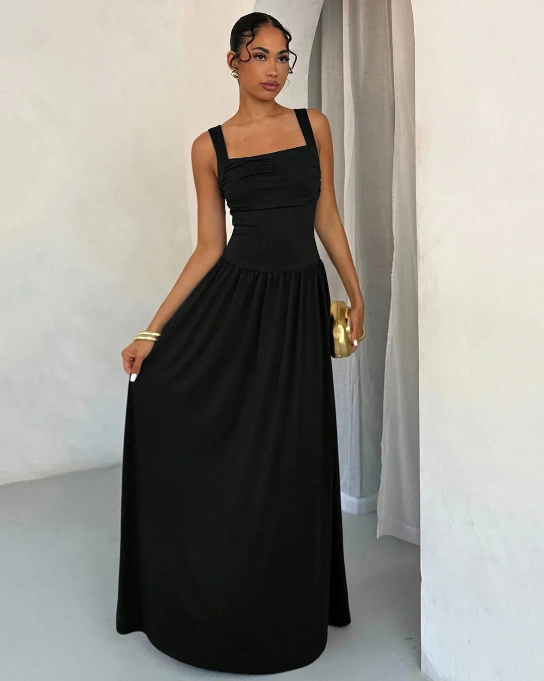 Square Neck Sleeveless Maxi Dress in Black