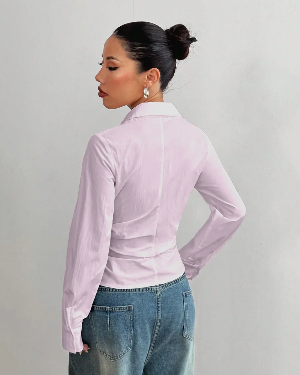 Asymmetric Hem Fitted Baby Pink Shirt Top