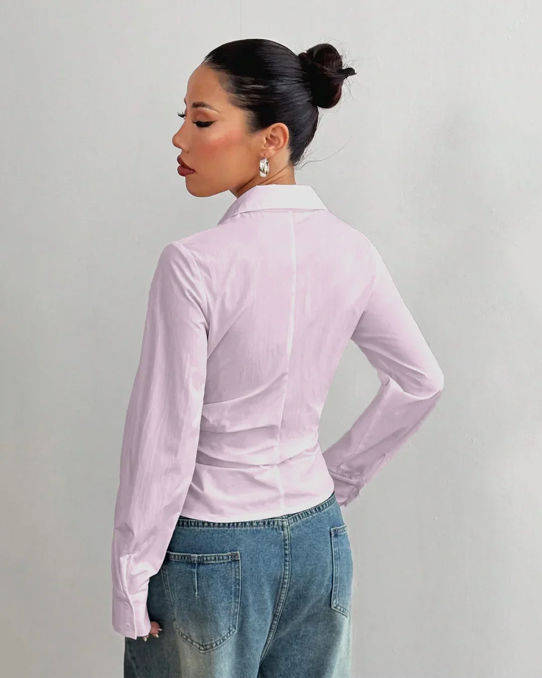 Asymmetric Hem Fitted Baby Pink Shirt Top