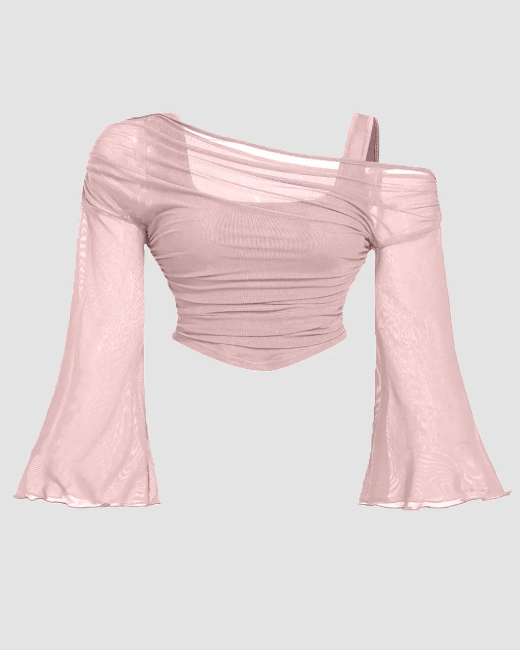 Mesh Off-Shoulder Long Sleeve Light Pink Top Curve & Plus