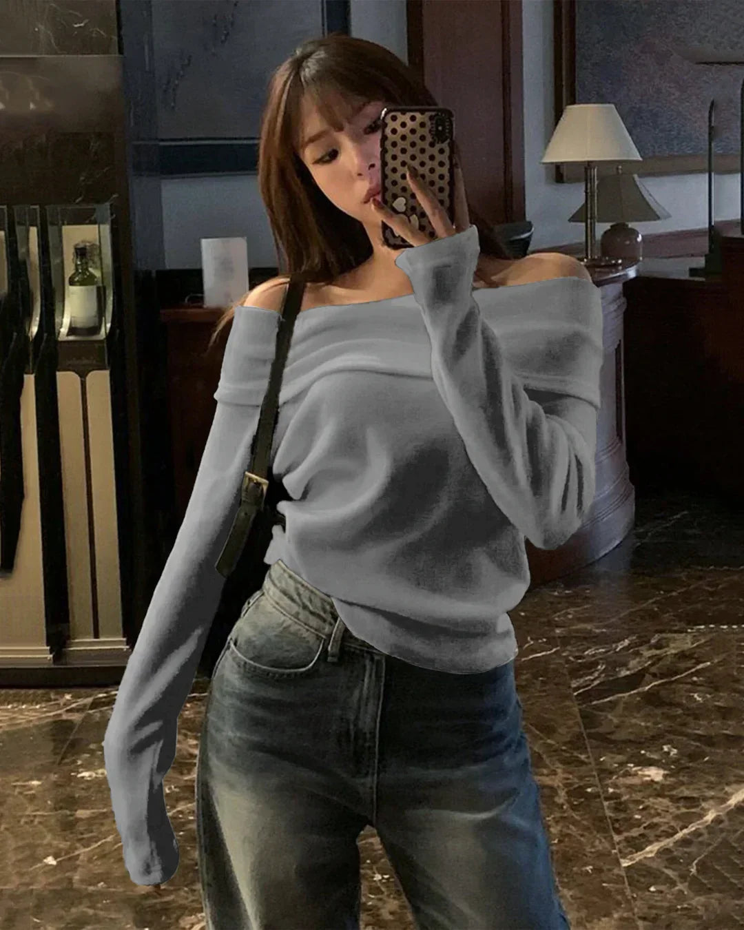 Solid Color Open Shoulder Off-Shoulder Knit Top in Black Melange