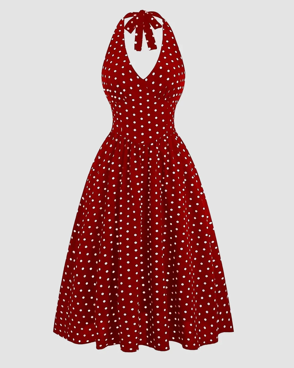A-Line Midi Halter Neck Polka Dot Dress in Red