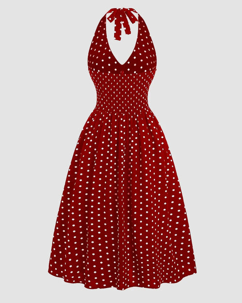 A-Line Midi Halter Neck Polka Dot Dress in Red