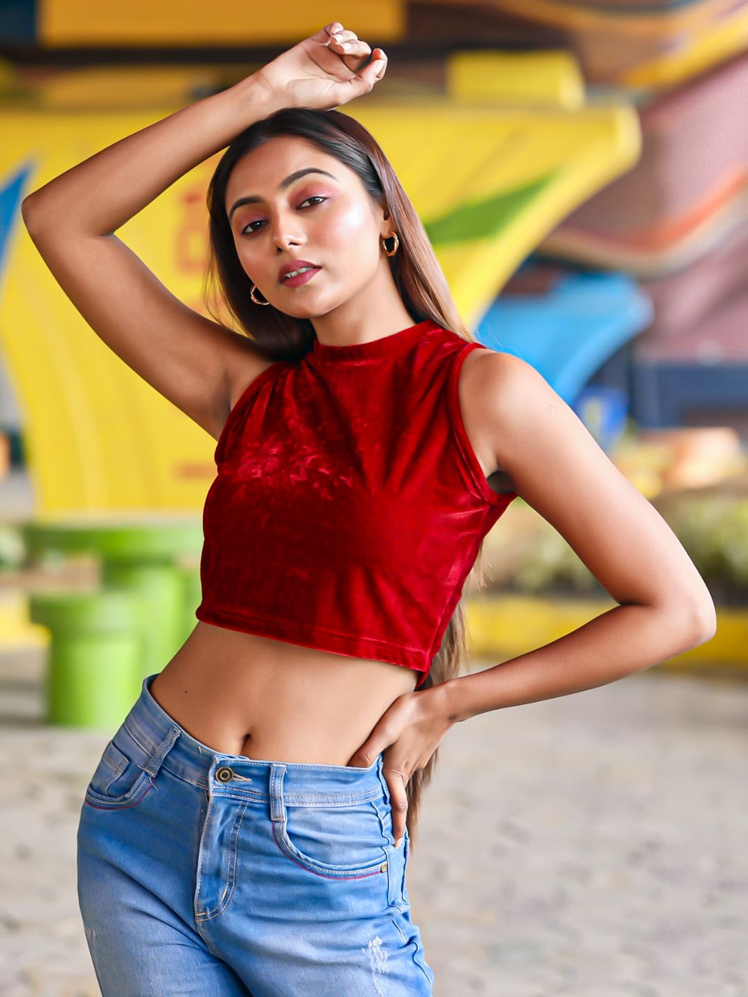 Stretchable Velvet High Neck Crop Top - Pinkkup