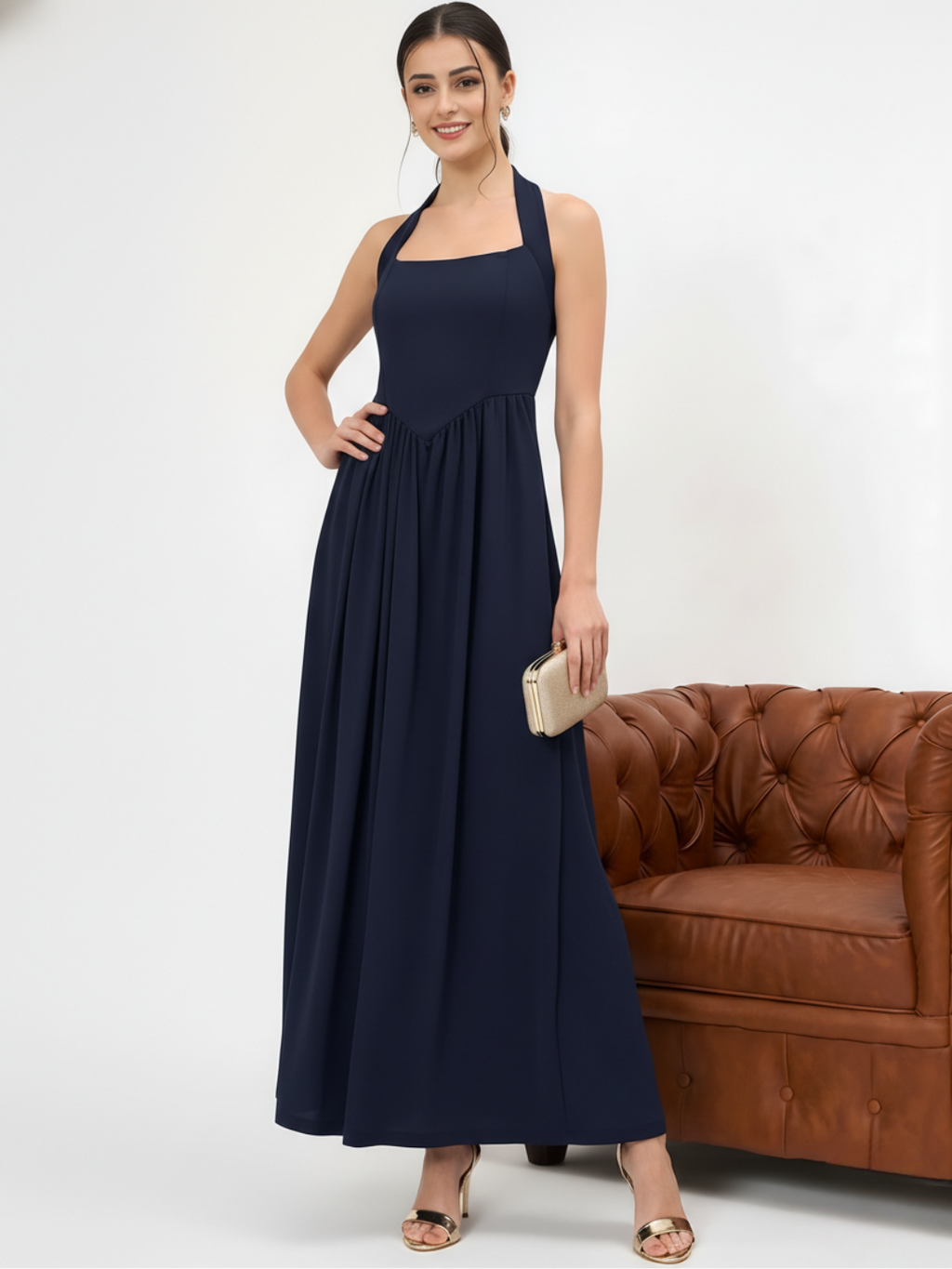 Stretchable Halter Neck Maxi Dress - Pinkkup