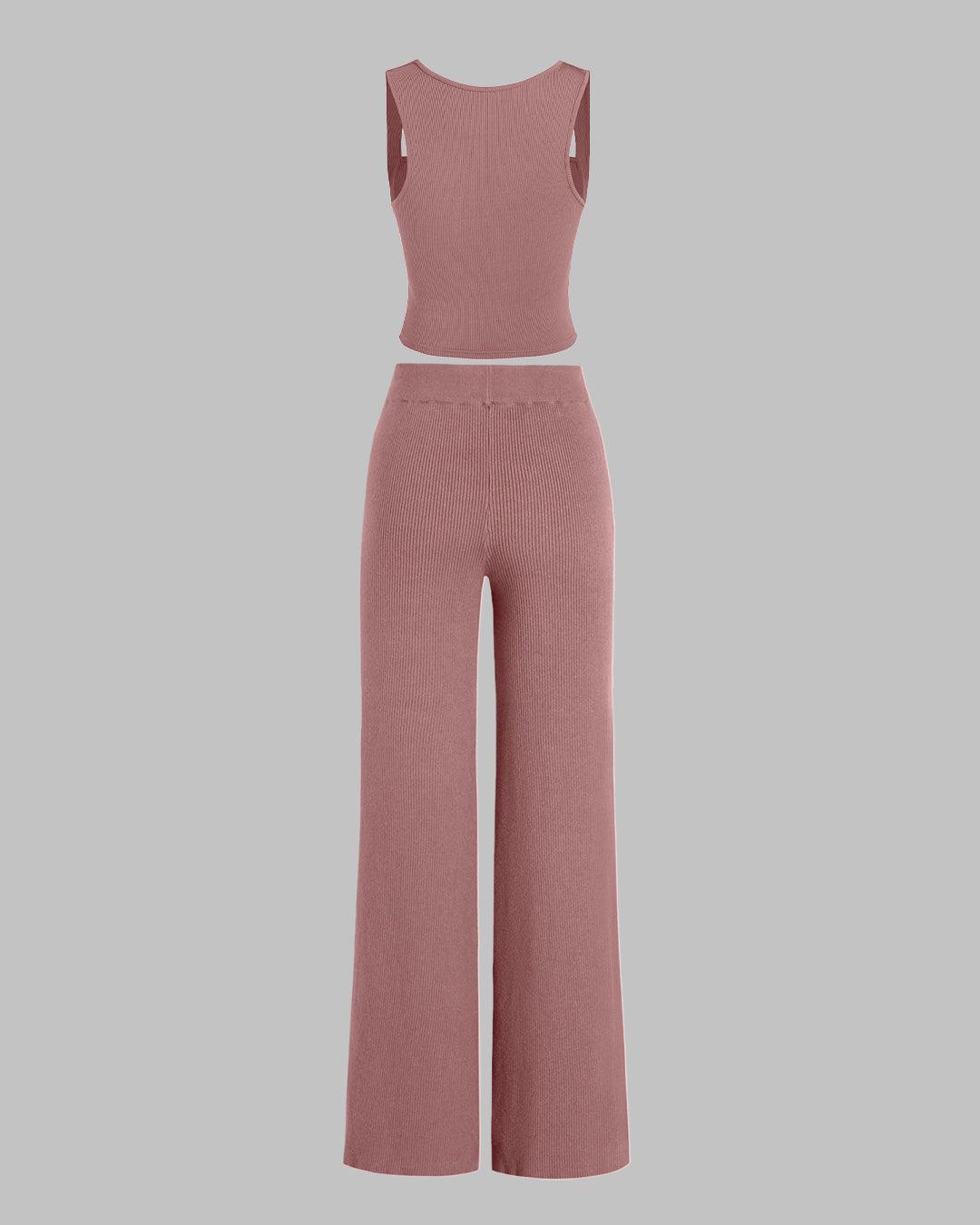 Set Of Two Ruched Square Neck Crop Top With Trouser In Blush Pink