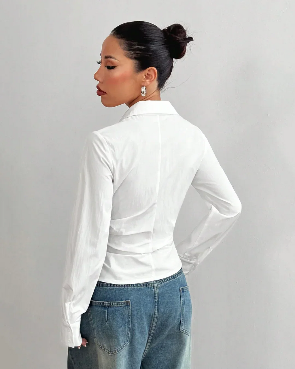 Asymmetric Hem Fitted White Shirt Top