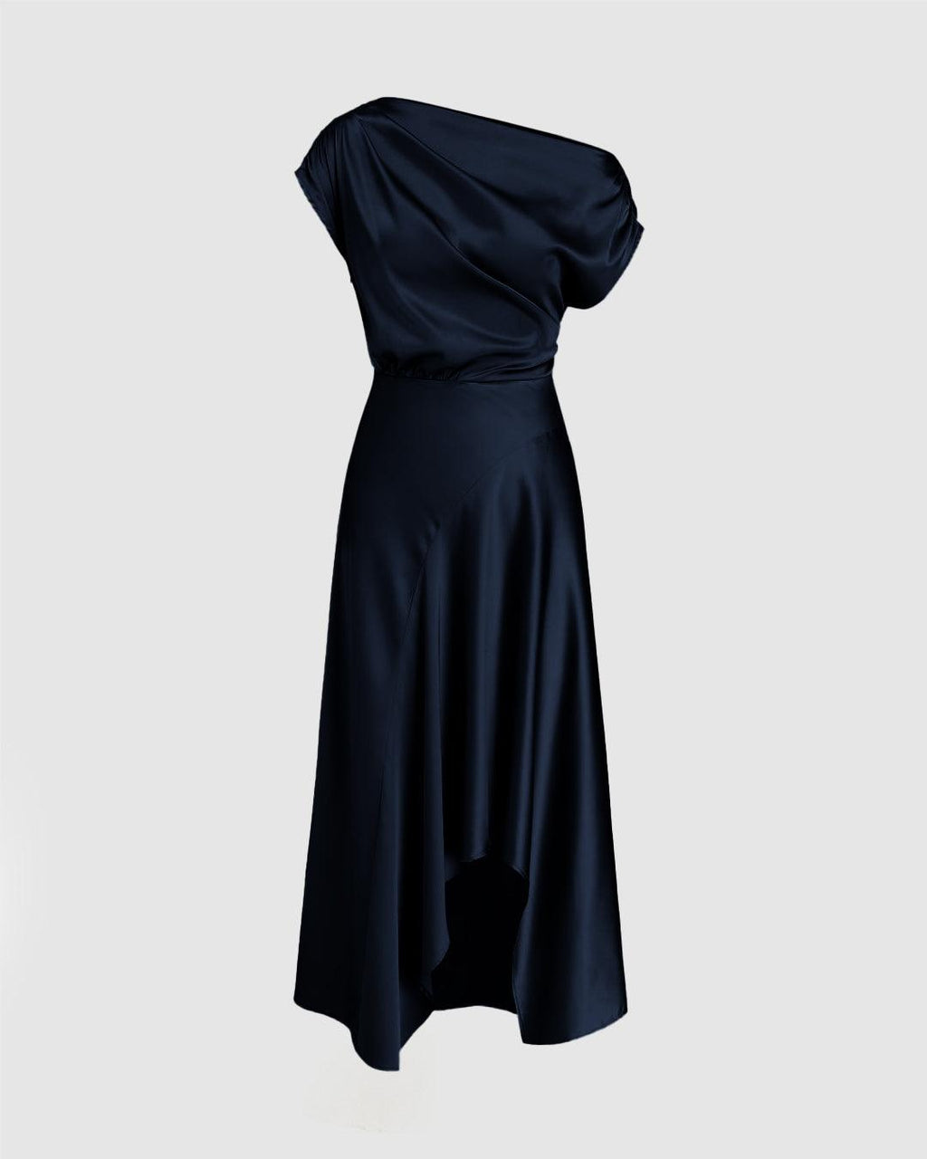 Asymmetrical Boat Neck Ruffle Maxi Dress In Navy Blue