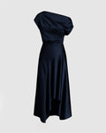 Asymmetrical Boat Neck Ruffle Maxi Dress In Navy Blue