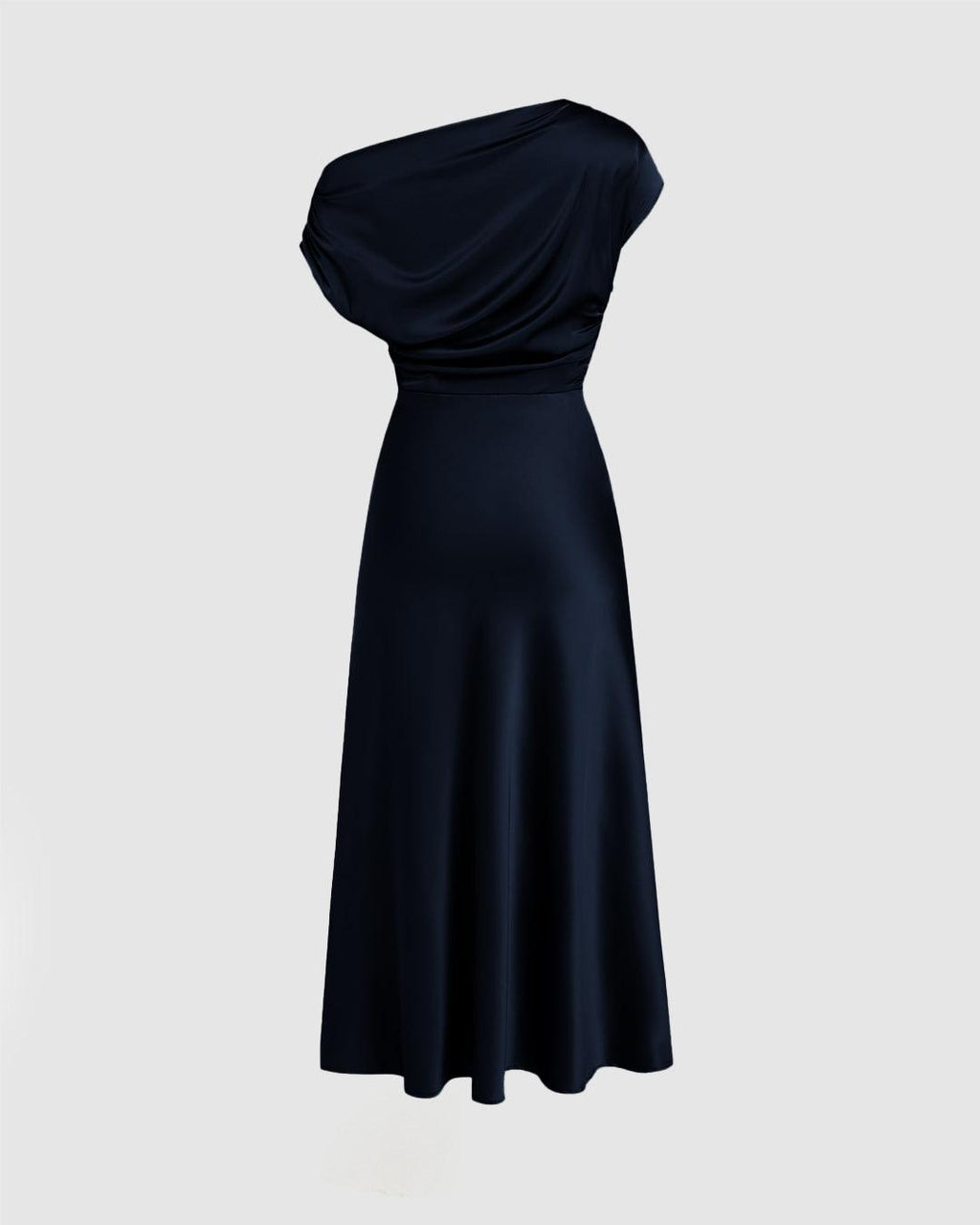 Asymmetrical Boat Neck Ruffle Maxi Dress In Navy Blue