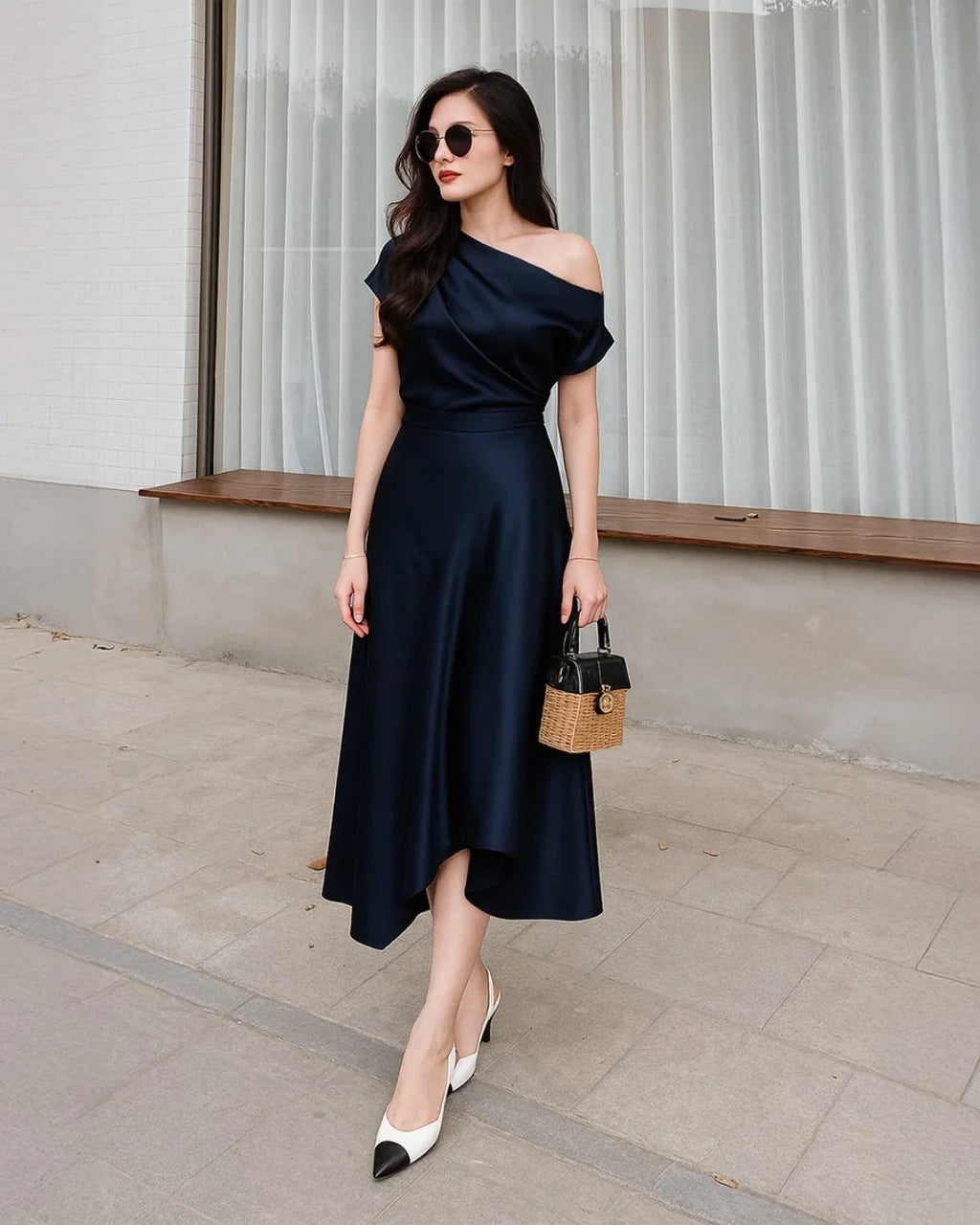 Asymmetrical Boat Neck Ruffle Maxi Dress In Navy Blue