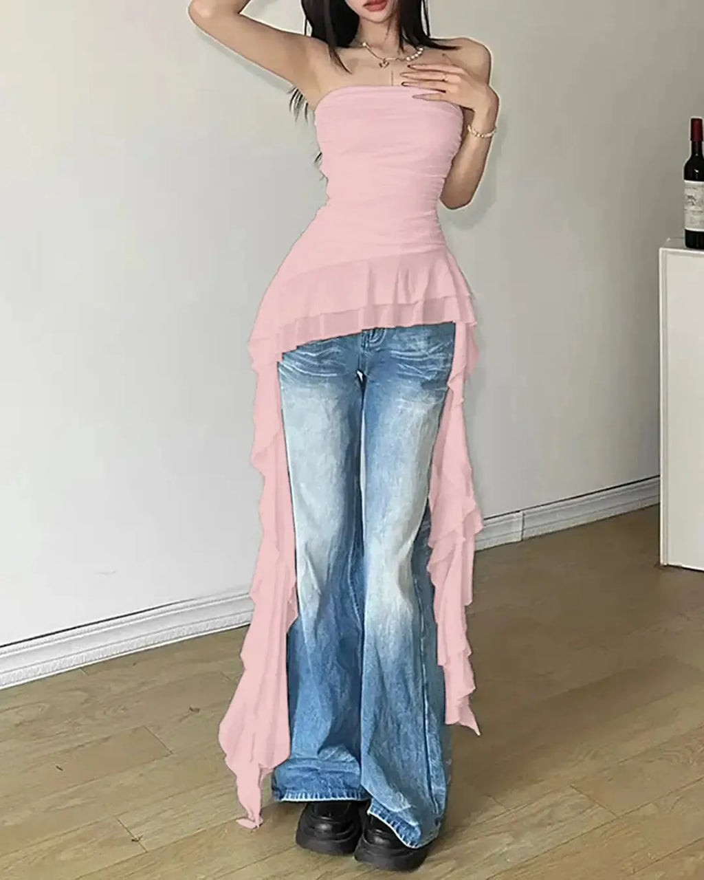 Asymmetrical Cold Shoulder Ruffle Trim Ruched Tube Top In Light Pink