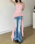 Asymmetrical Cold Shoulder Ruffle Trim Ruched Tube Top In Light Pink
