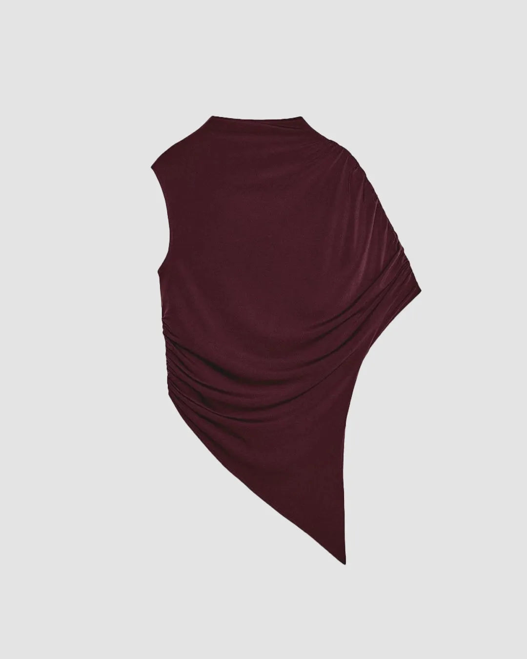 Asymmetrical Maroon Ruched Sleeve Draped Top With High Mock Neck