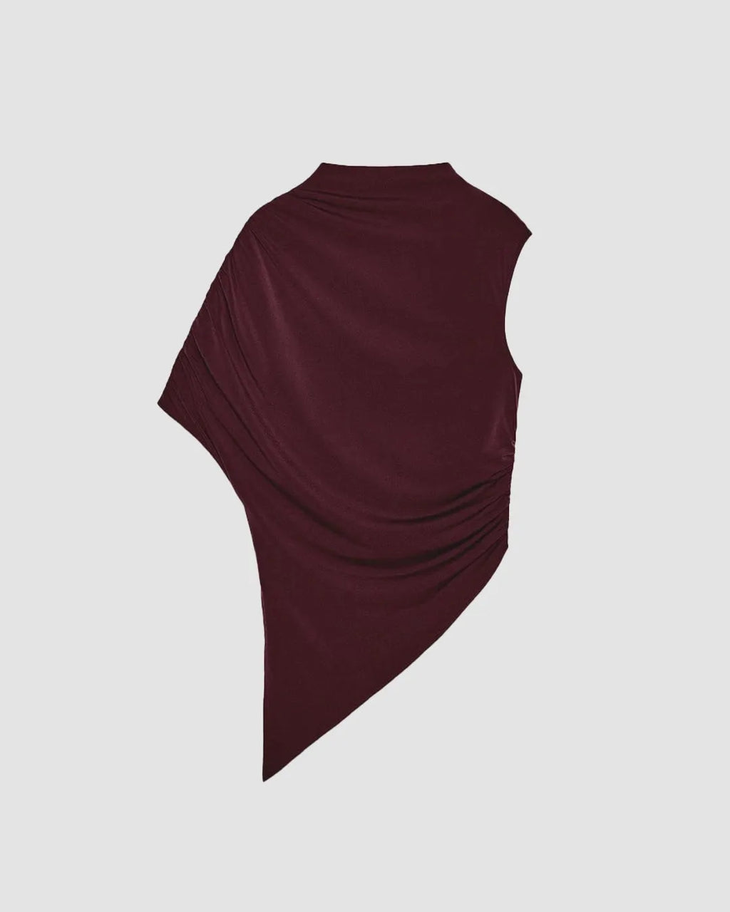 Asymmetrical Maroon Ruched Sleeve Draped Top With High Mock Neck