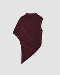Asymmetrical Maroon Ruched Sleeve Draped Top With High Mock Neck