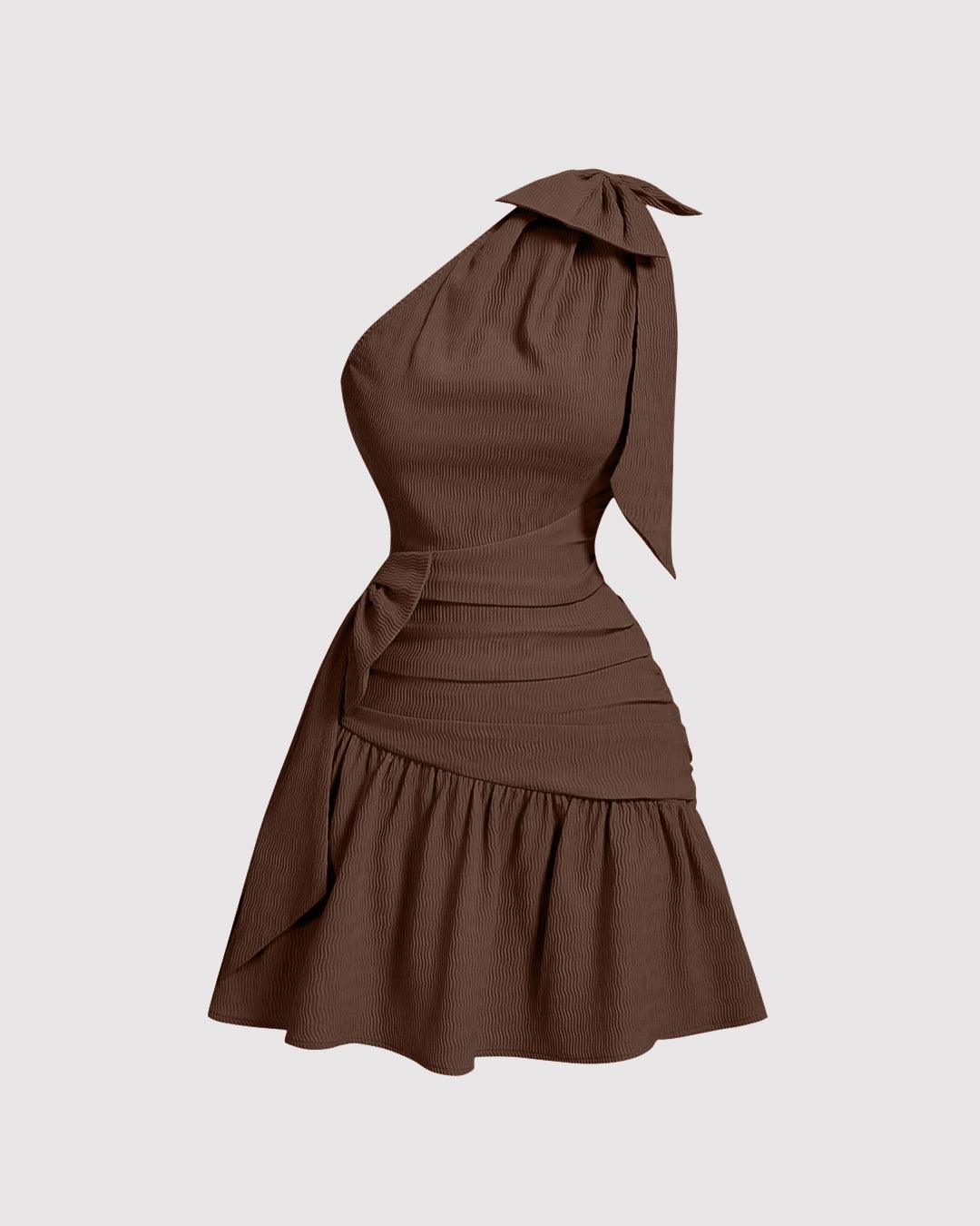 Asymmetrical Neck Bow Tie Cropped Waist Mini Dress In Chocolate Brown