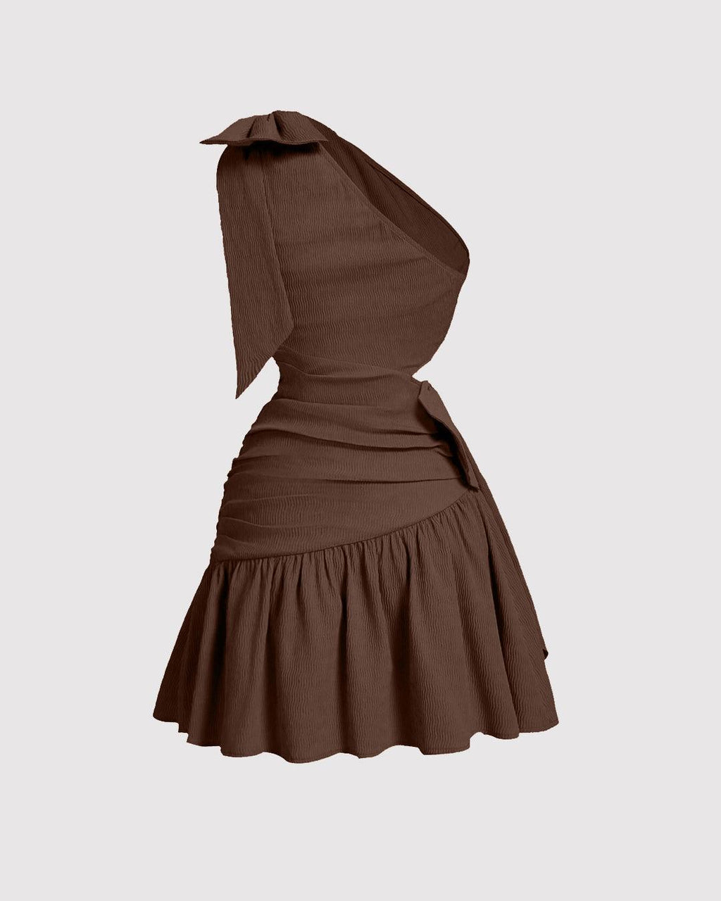 Asymmetrical Neck Bow Tie Cropped Waist Mini Dress In Chocolate Brown