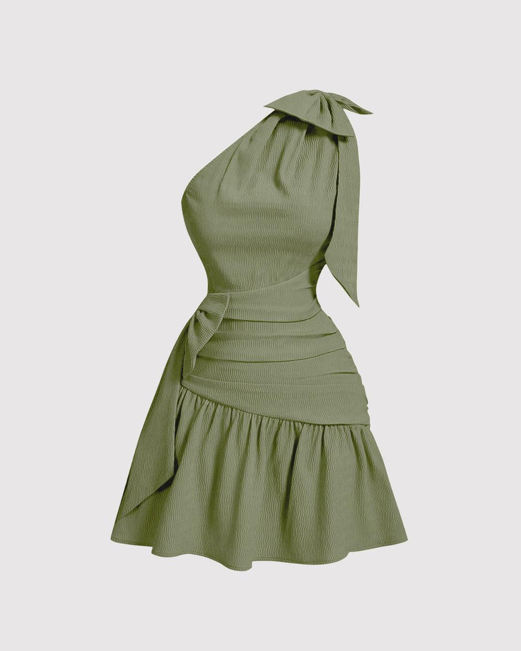 Asymmetrical Neck Bow Tie Cropped Waist Mini Dress In Herbal Green