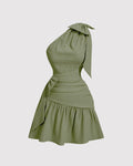 Asymmetrical Neck Bow Tie Cropped Waist Mini Dress In Herbal Green