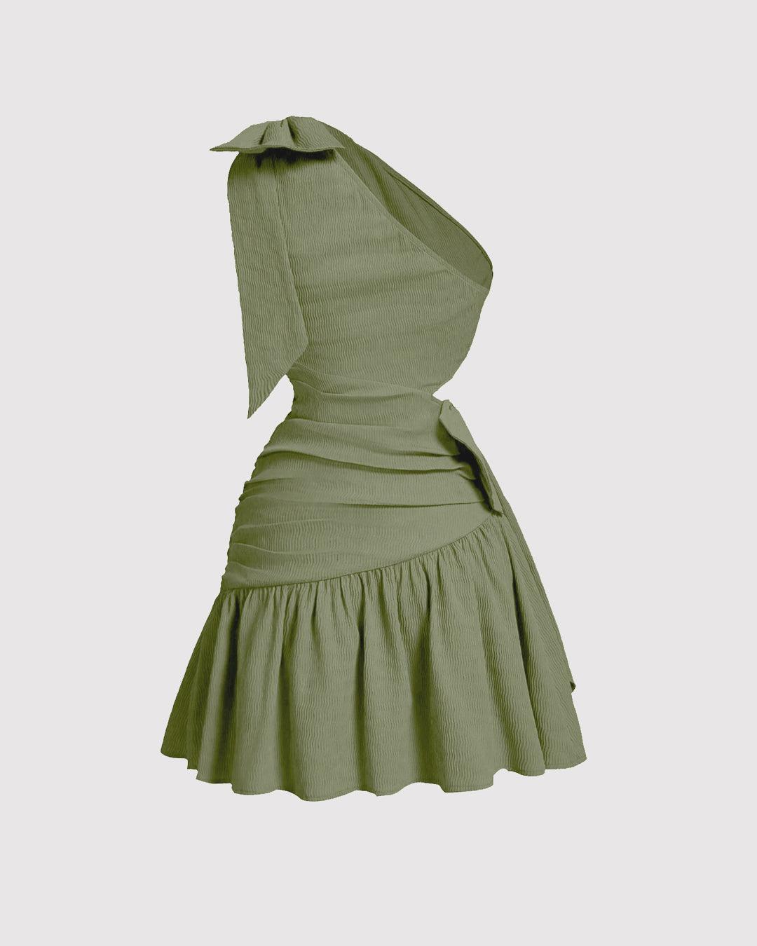 Asymmetrical Neck Bow Tie Cropped Waist Mini Dress In Herbal Green