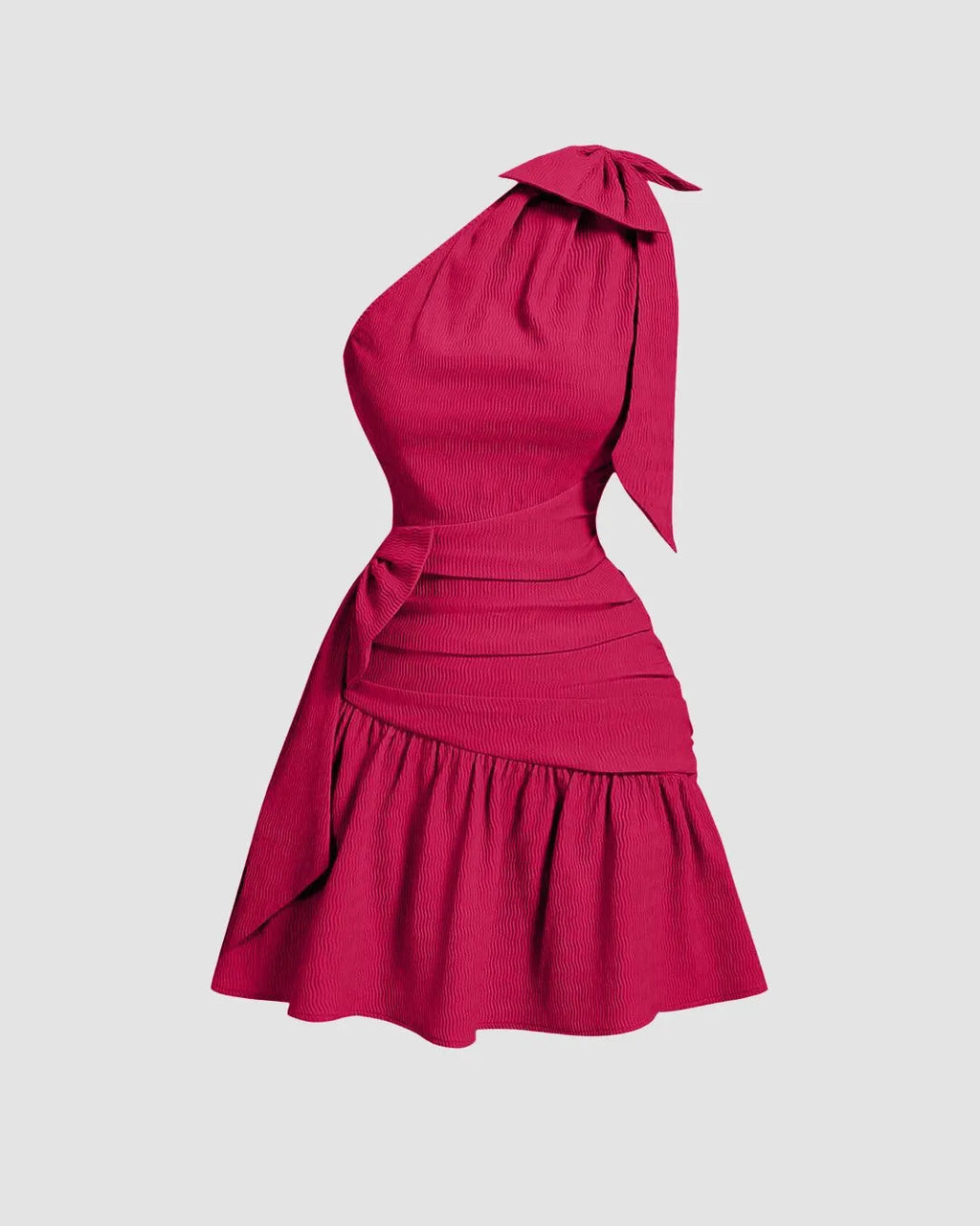 One Shoulder Ruffle Hem Hot Pink Mini Dress