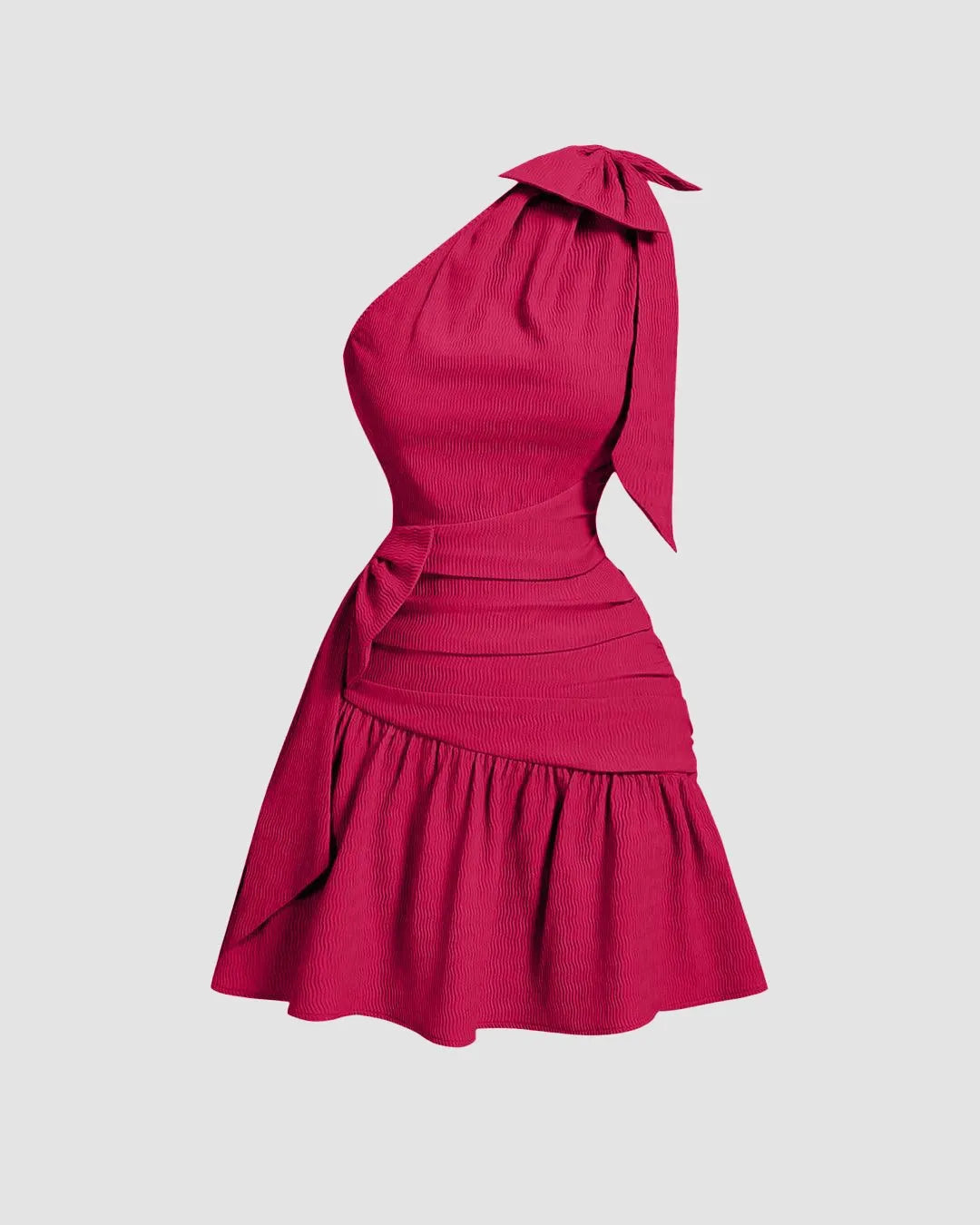 One Shoulder Ruffle Hem Hot Pink Mini Dress