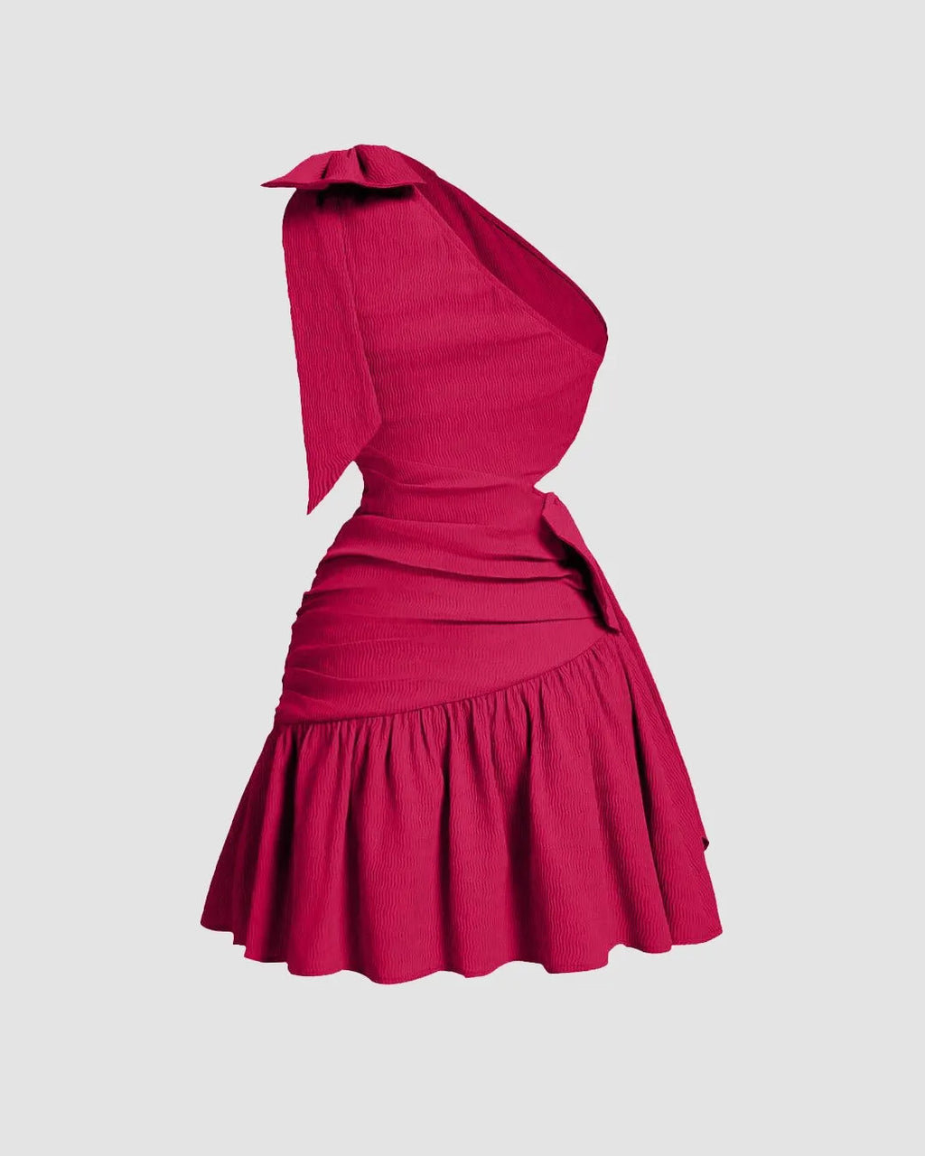 One Shoulder Ruffle Hem Hot Pink Mini Dress