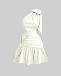 Asymmetrical Neck Bow Tie Cropped Waist Mini Dress In Off-White