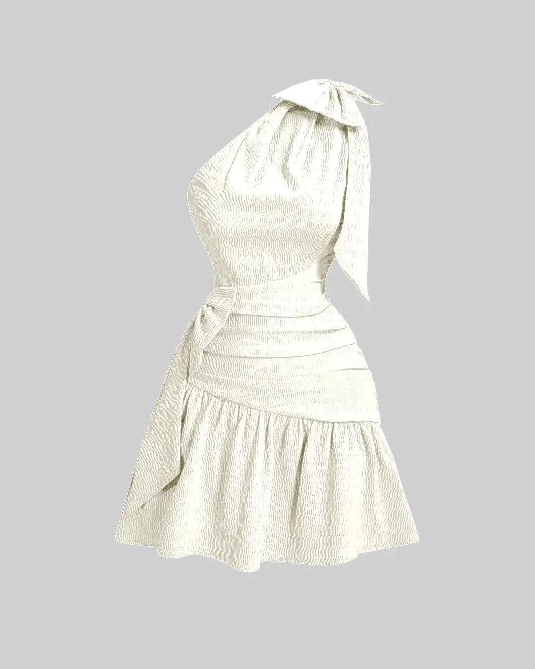 Asymmetrical Neck Bow Tie Cropped Waist Mini Dress In Off-White