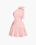 Asymmetrical Neck Bow Tie Cropped Waist Mini Dress In Powder Pink