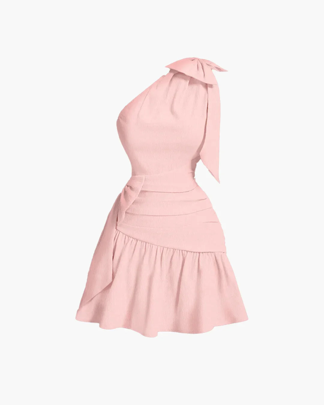 Asymmetrical Neck Bow Tie Cropped Waist Mini Dress In Powder Pink