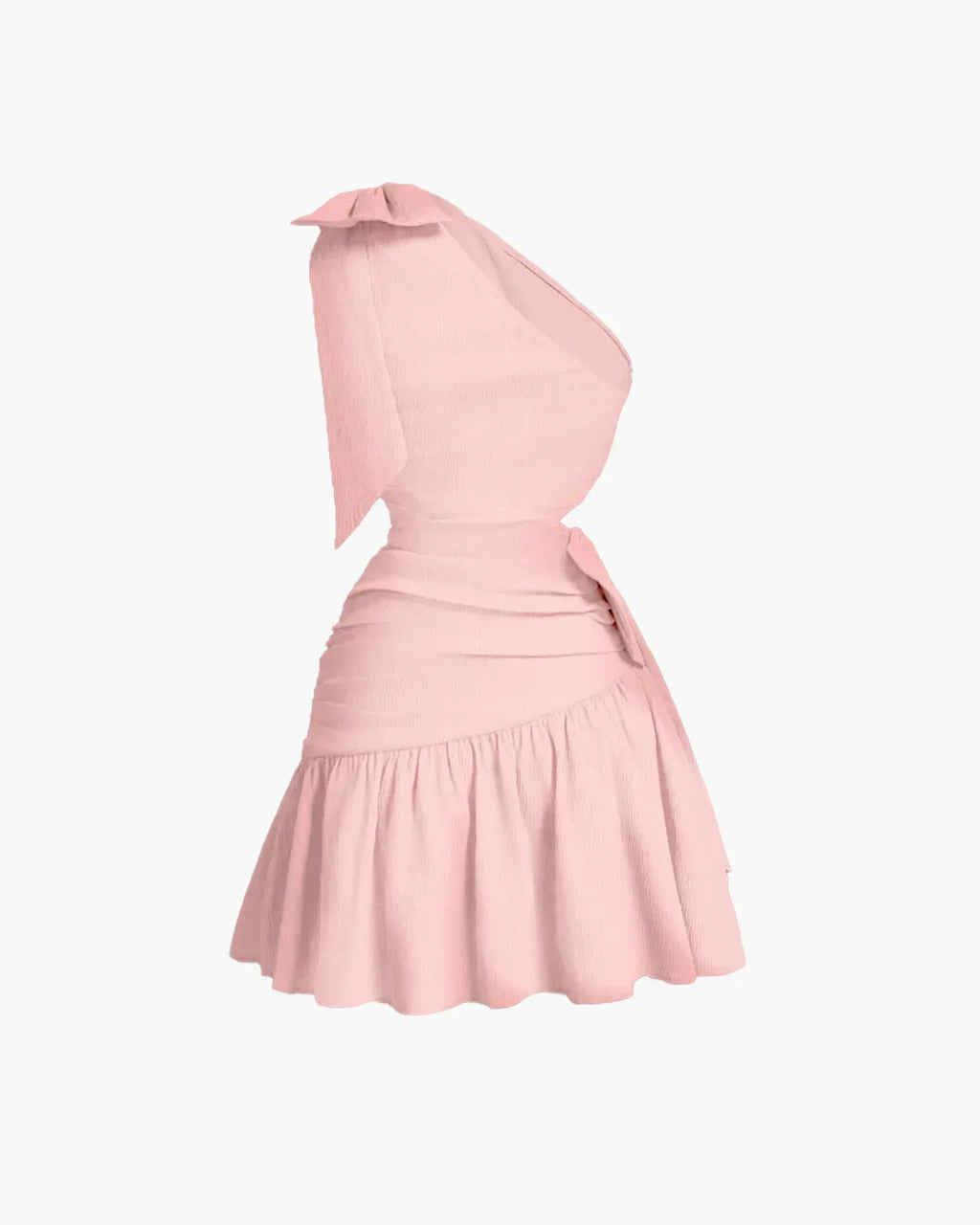 Asymmetrical Neck Bow Tie Cropped Waist Mini Dress In Powder Pink