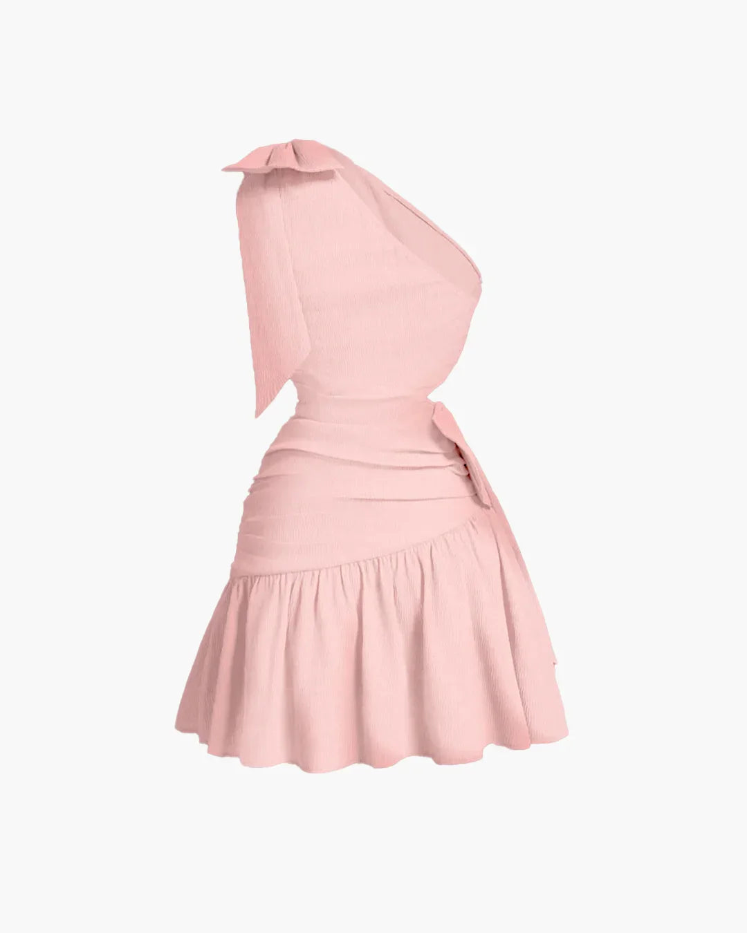 Asymmetrical Neck Bow Tie Cropped Waist Mini Dress In Powder Pink