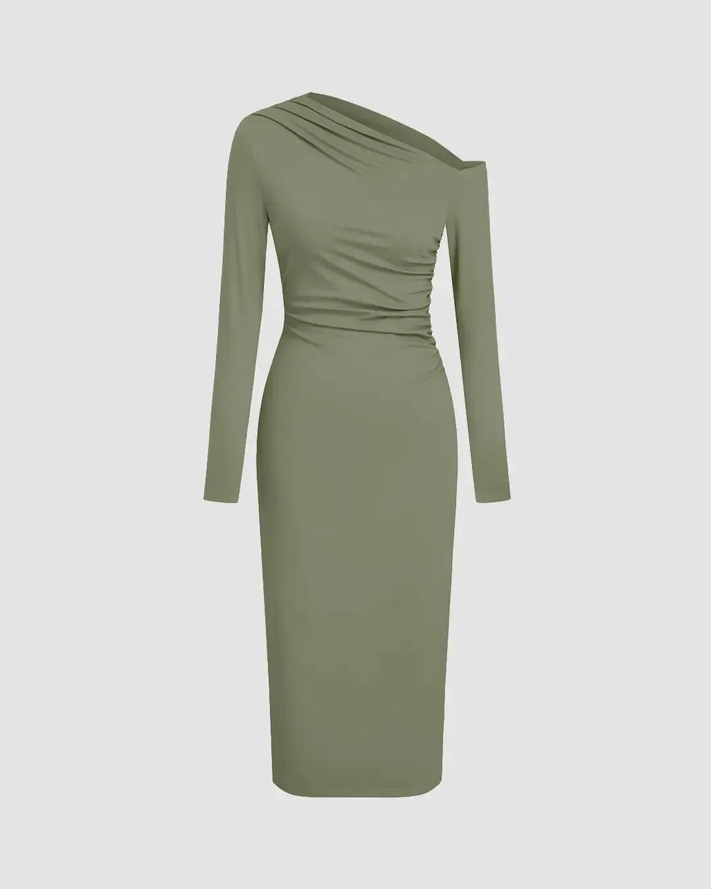 Asymmetrical Neck Ruched Midi Dress In Herbal Green