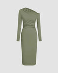 Asymmetrical Neck Ruched Midi Dress In Herbal Green