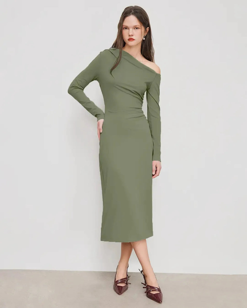 Asymmetrical Neck Ruched Midi Dress In Herbal Green