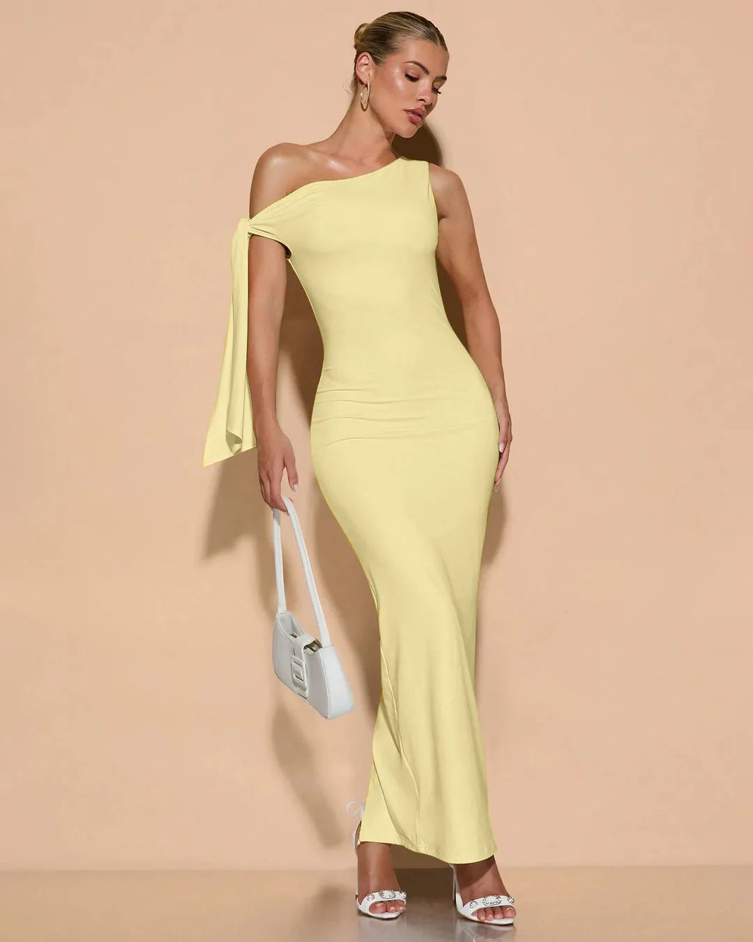 Asymmetrical Twist Knot Mermaid Maxi Dress In Vanilla
