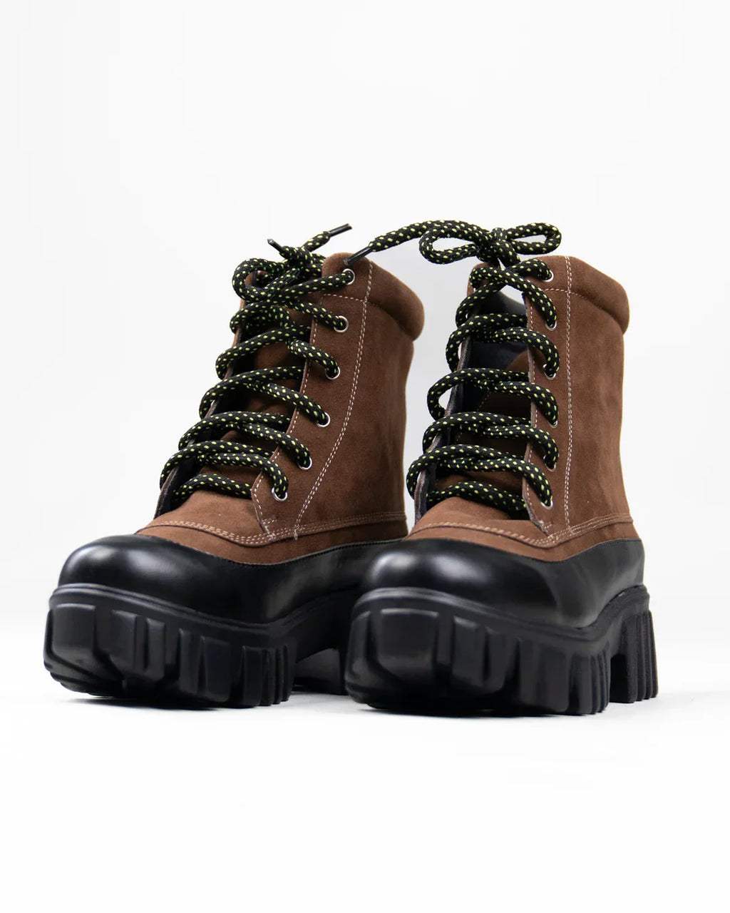 Brown Chunky Lace-Up Ankle Boots with Contrast Toe