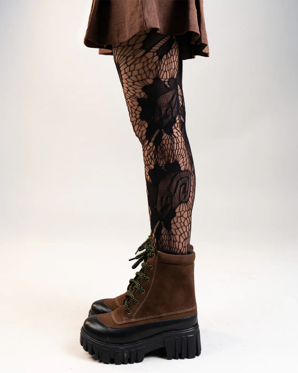 Brown Chunky Lace-Up Ankle Boots with Contrast Toe
