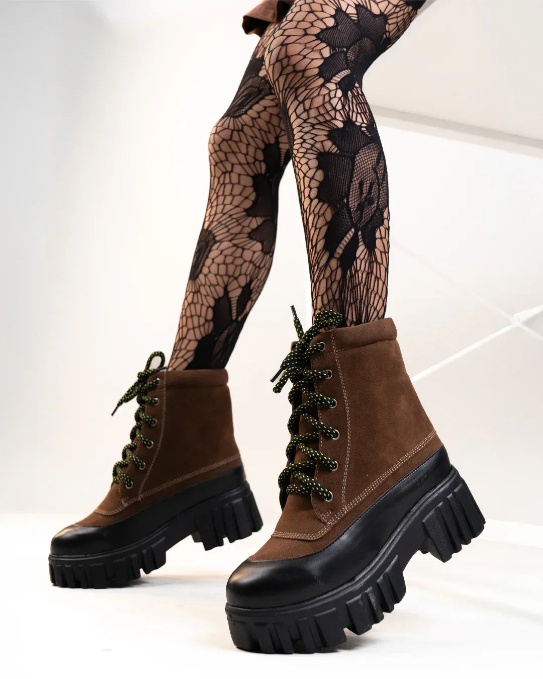 Brown Chunky Lace-Up Ankle Boots with Contrast Toe