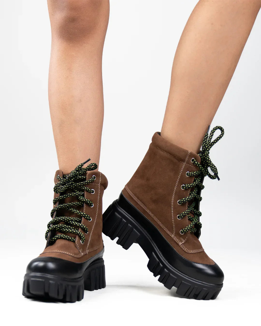 Brown Chunky Lace-Up Ankle Boots with Contrast Toe