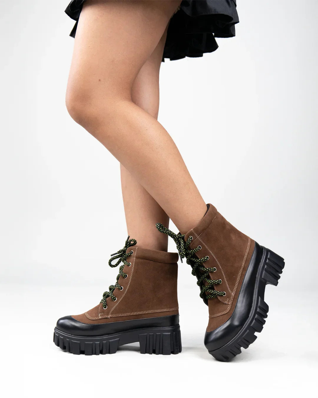 Brown Chunky Lace-Up Ankle Boots with Contrast Toe
