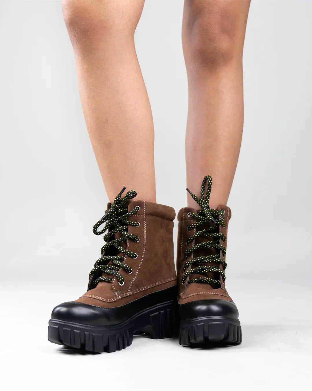 Brown Chunky Lace-Up Ankle Boots with Contrast Toe