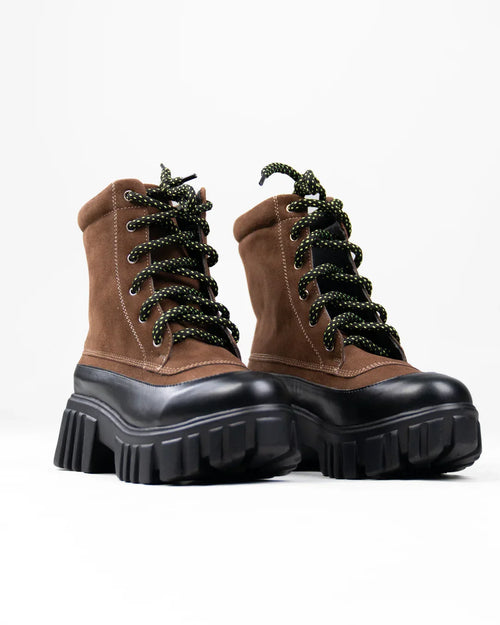 Brown Chunky Lace-Up Ankle Boots with Contrast Toe