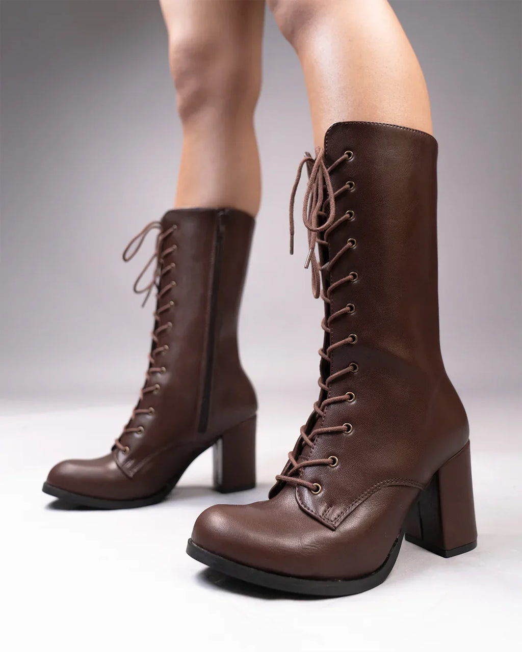 Lace-Up Slim Fit Solid Knee-High Block Heel Boots in Coffee