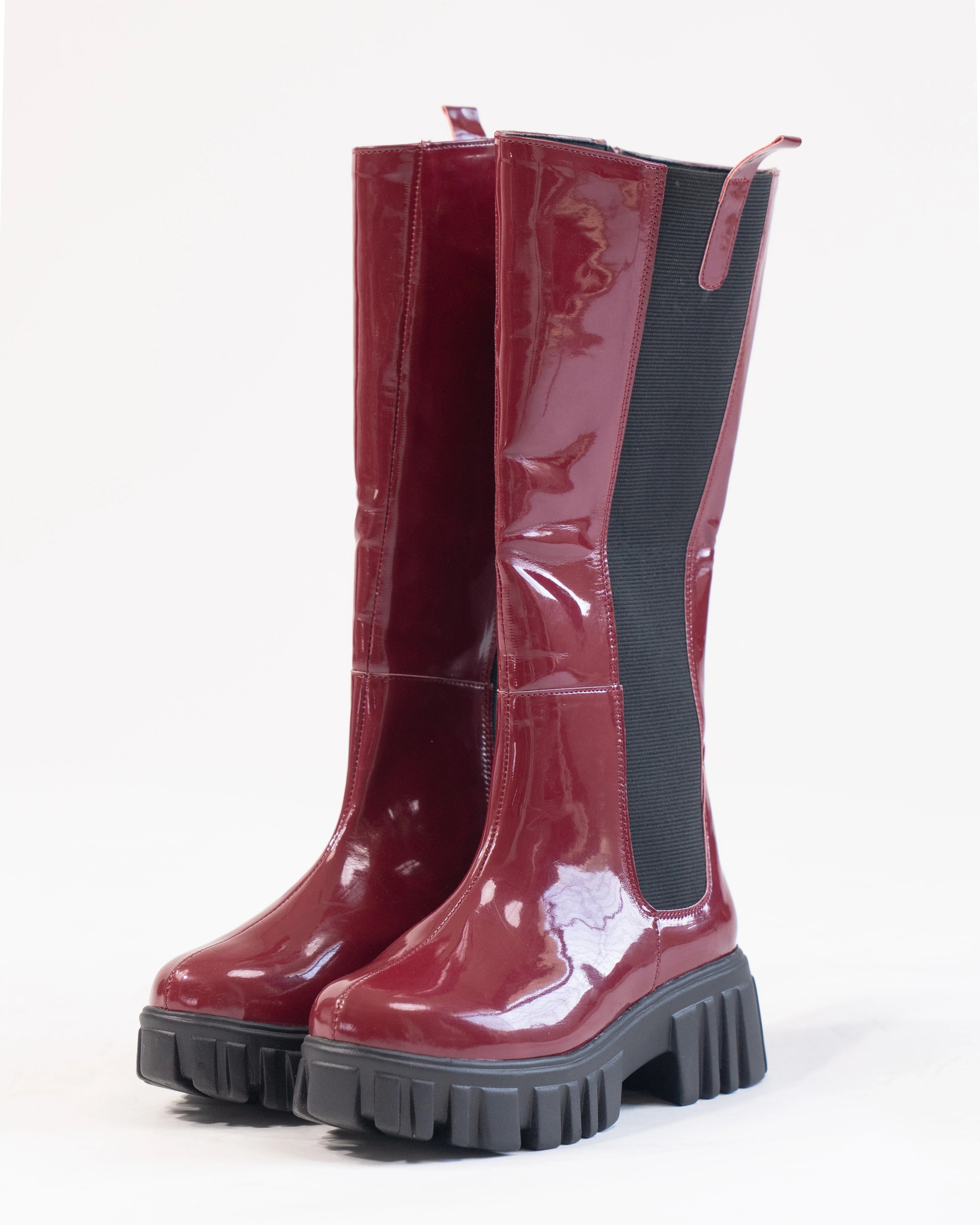 Burgundy Patent Slip-On Mid Calf Pull On Riding Boots