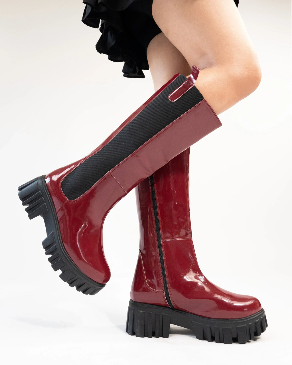 Burgundy Patent Slip-On Mid Calf Pull On Riding Boots