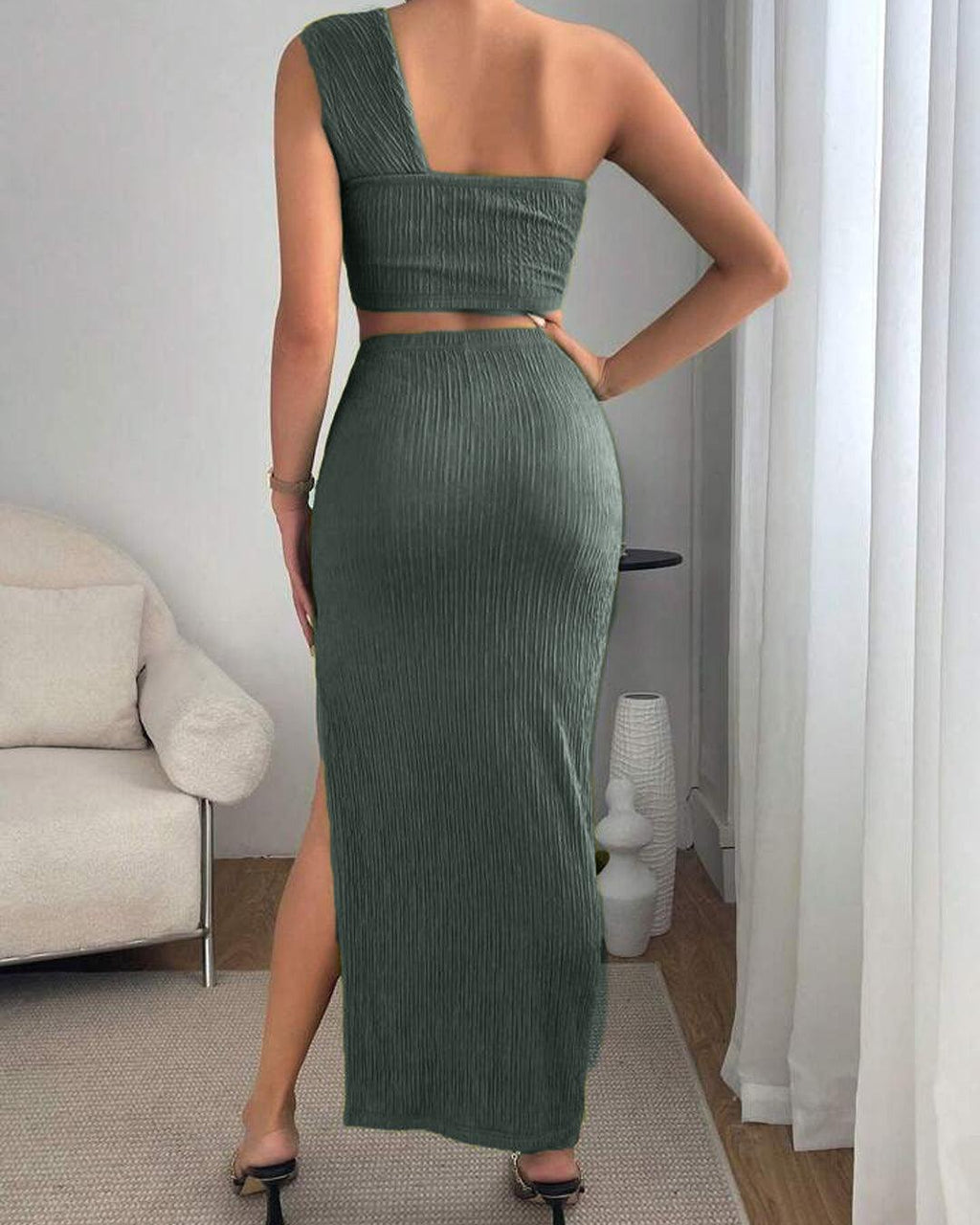 One Shoulder Crop Top & Split Thigh Skirt In Olive Green